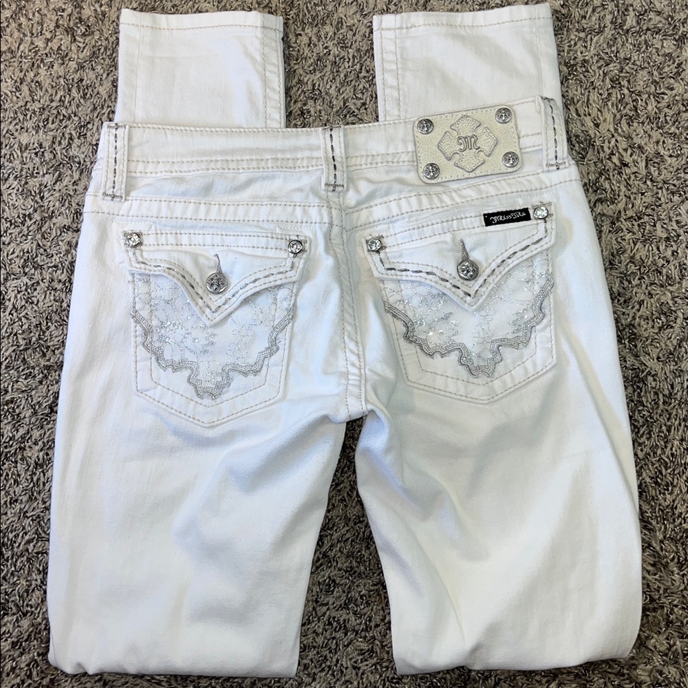 Miss Me White Skinny Jeans ~ in Silver Metallic Lace and Rhinestone ~ Size 28